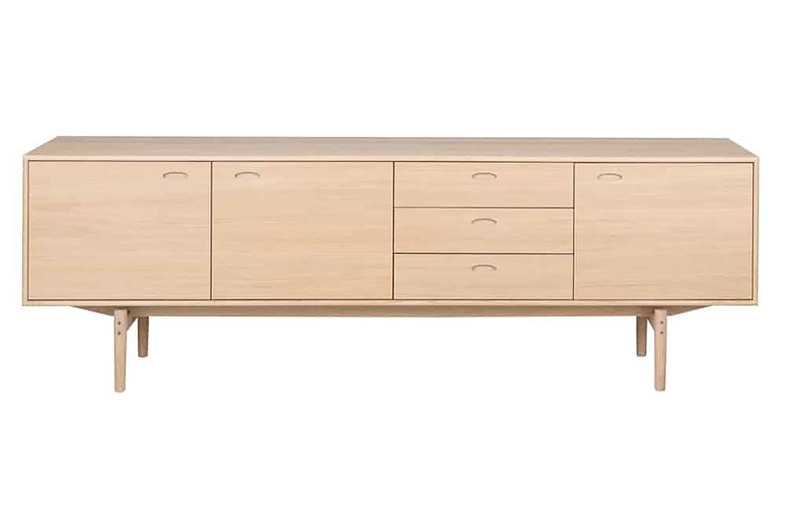 Stretch skjenk Hvitpigmentert, lakkert eikefinér med 2 dører og 3 skuffer. Ben i heltre eik.