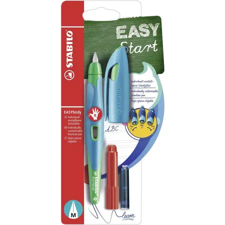 Ergonomischer Schulfüller für Rechtshänder mit Standard-Feder M - STABILO EASYbirdy in himmelblau/grasgrün - Einzelstift - inklusive Patrone und Einstellwerkzeug - Schreibfarbe blau (löschbar)