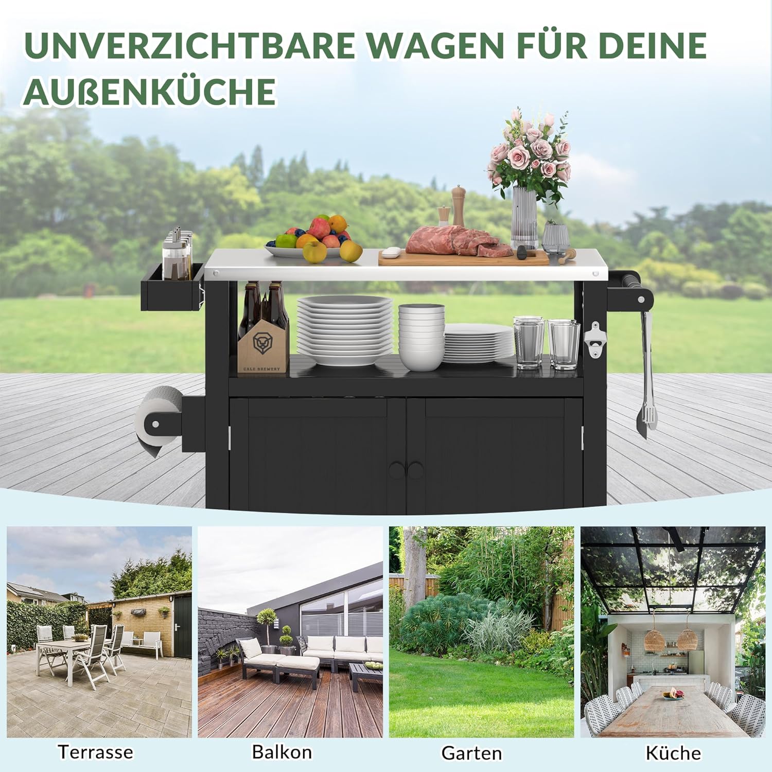 Wetterfeste HIPS Outdoor Kücheninsel mit Edelstahlplatte & Aufbewahrungsschrank, bewegliche Vorbereitungstisch mit Rädern für BBQ-Zubereitung, Outdoor Grillwagen für Parties, Schwarz