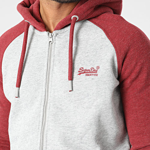 Sweat Capuche Zippé Vintage Logo Embroidery Baseball Gris Chiné Bordeaux