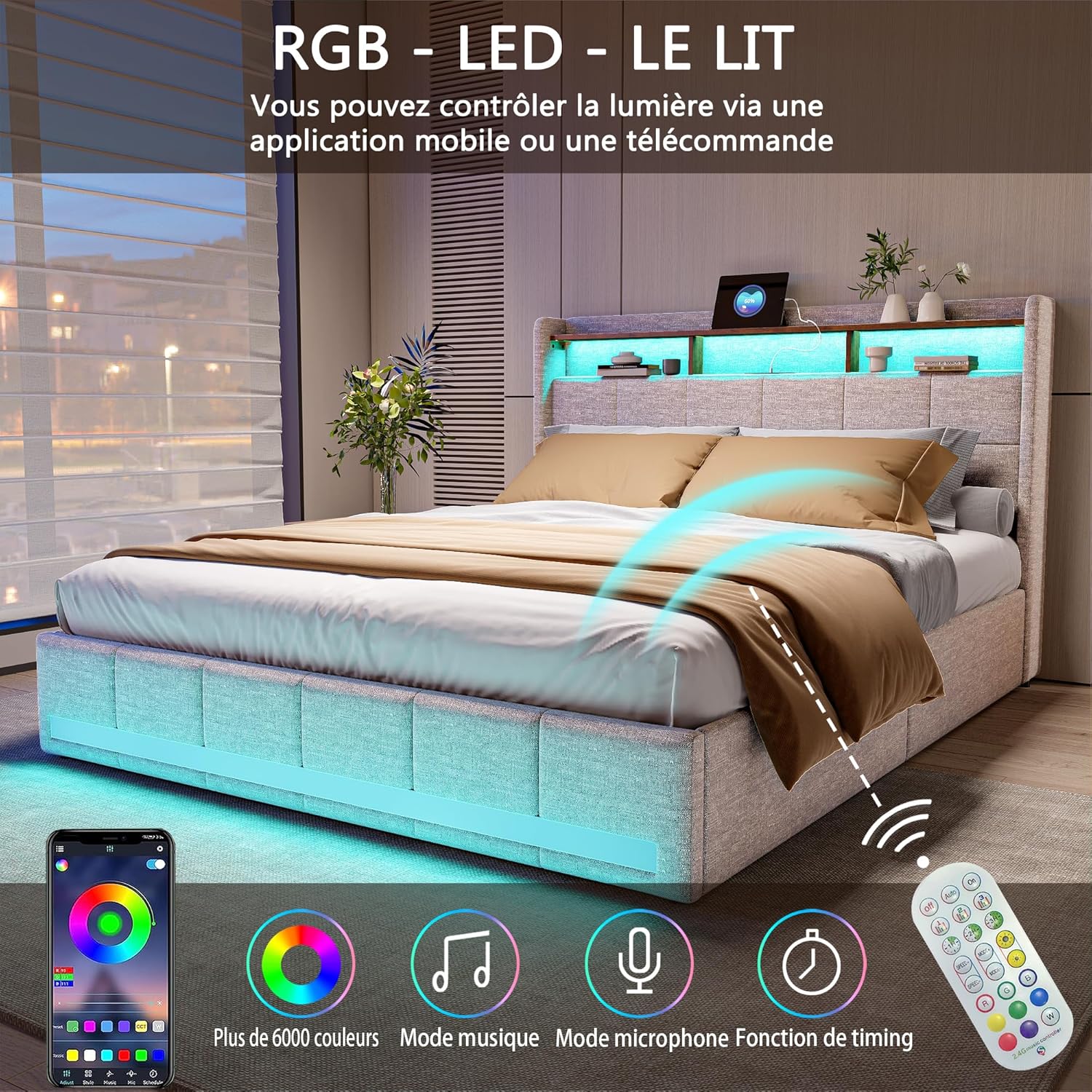 Doppelbett, gepolstert, 140 x 200 cm, Polsterbett mit 4 Schubladen, Boxbett mit Stauraum und Lattenrost, Kopfteil mit LED und USB, Bettgestell für Erwachsene, Jugendliche, Leinen (Beige, 140 x 200 cm)