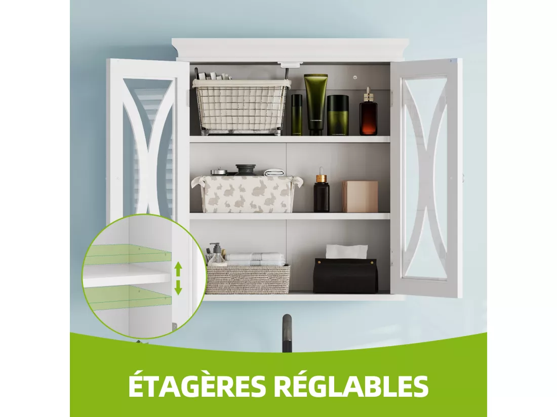 YITAHOME Meuble Mural avec 2 Portes Vitrées, Meuble Haut pour Salle de Bains, Armoire avec Étagère Réglable, Blanc