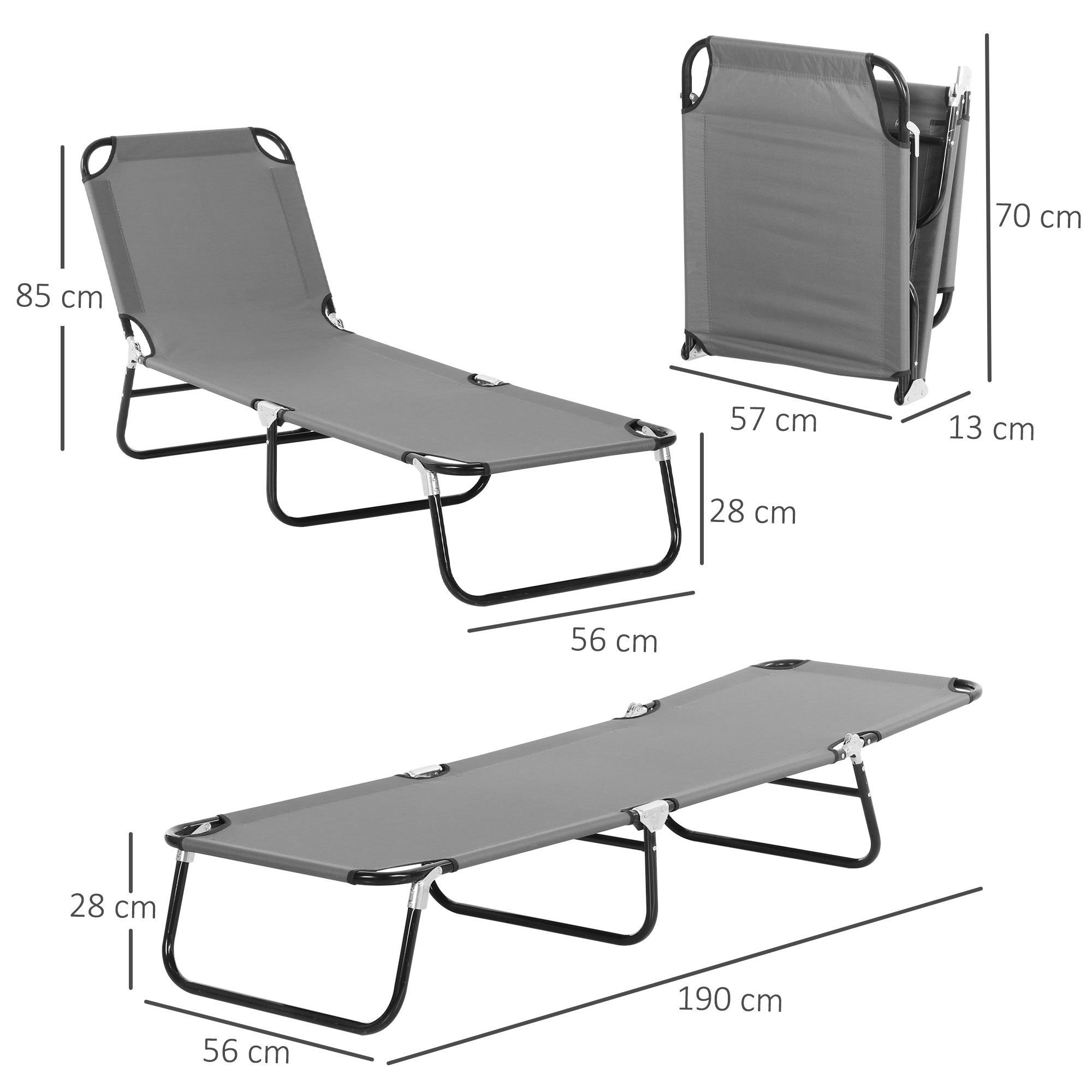 Espreguiçadeira dobrável e reclinável Outsunny com 5 ângulos ajustáveis para jardim, piscina, terraço e camping, capacidade de carga de 120 kg, 190 x 56 x 28 cm, cinza.