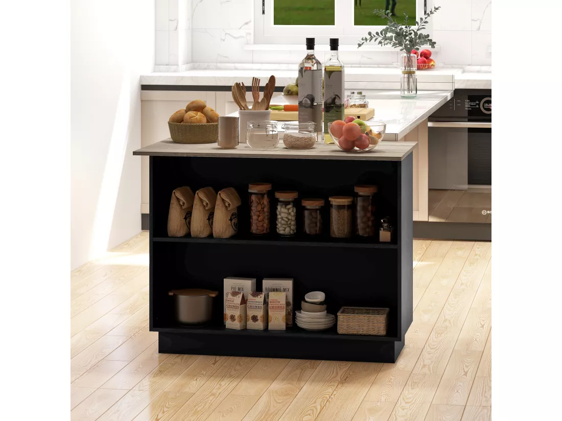 Desserte îlot de cuisine étagère 2 niches 2 placards effet bois noir