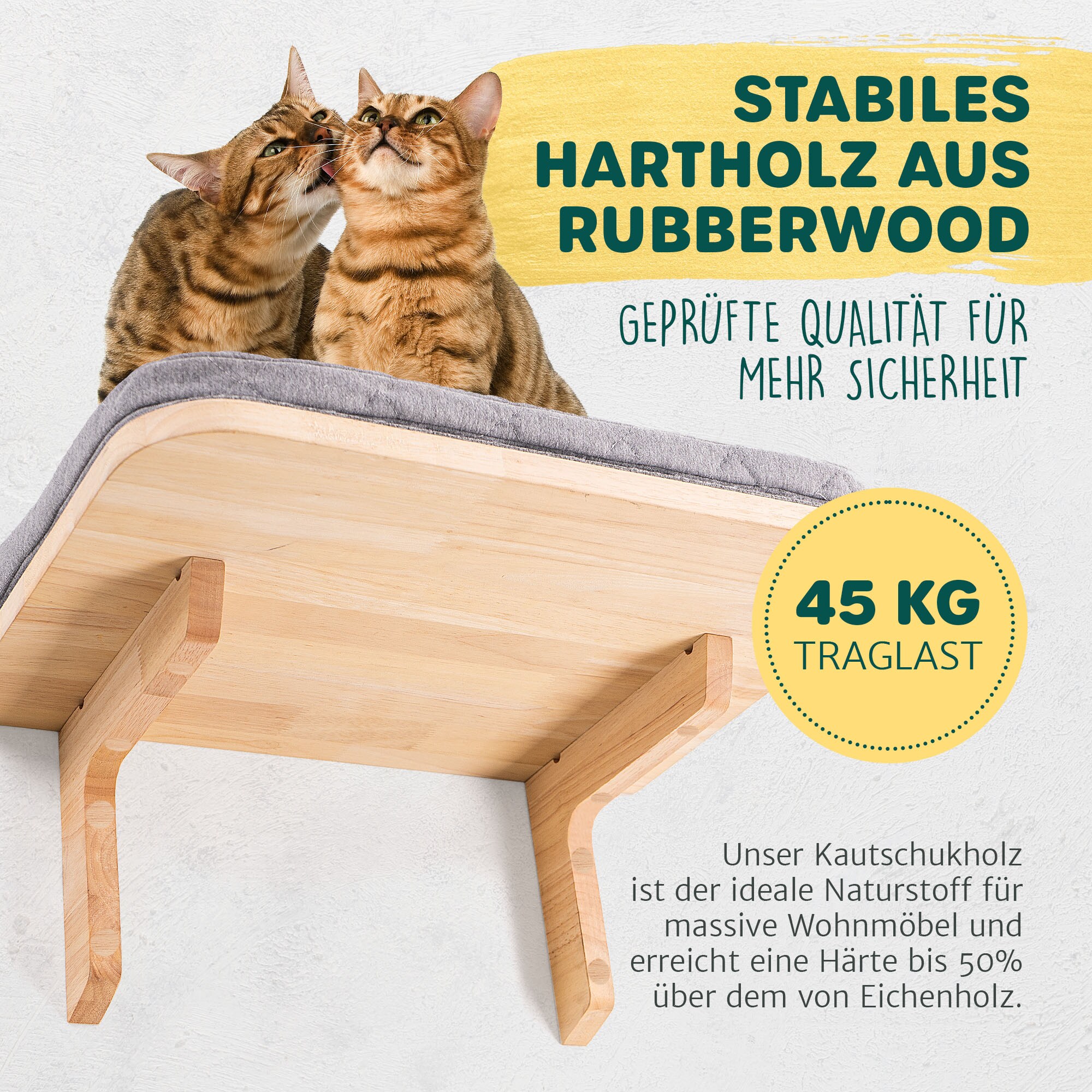 HAPPYPET Katzen Kletterwand Set 3-teilig für große Katzen– Wandkratzbaum mit Katzenbett, inkl. 4 x Katzenstufen Luxus Katzenwand Stabil, Katzenregal aus Massivholz, belastbar bis 45 Kg |2 Stufen M Kletterwand Set 2 M