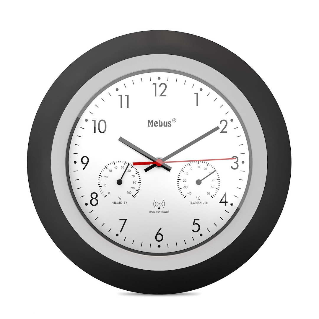 Mebus Funk-Wanduhr mit Thermo- und Hygrometer 30 cm schwarz/silberfarbig