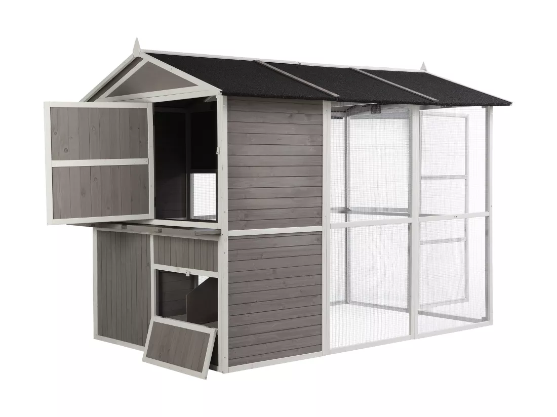Poulailler en bois avec enclos - 10 poules - L. 266 x P. 174 x H. 205 cm - Blanc et gris - FERAS