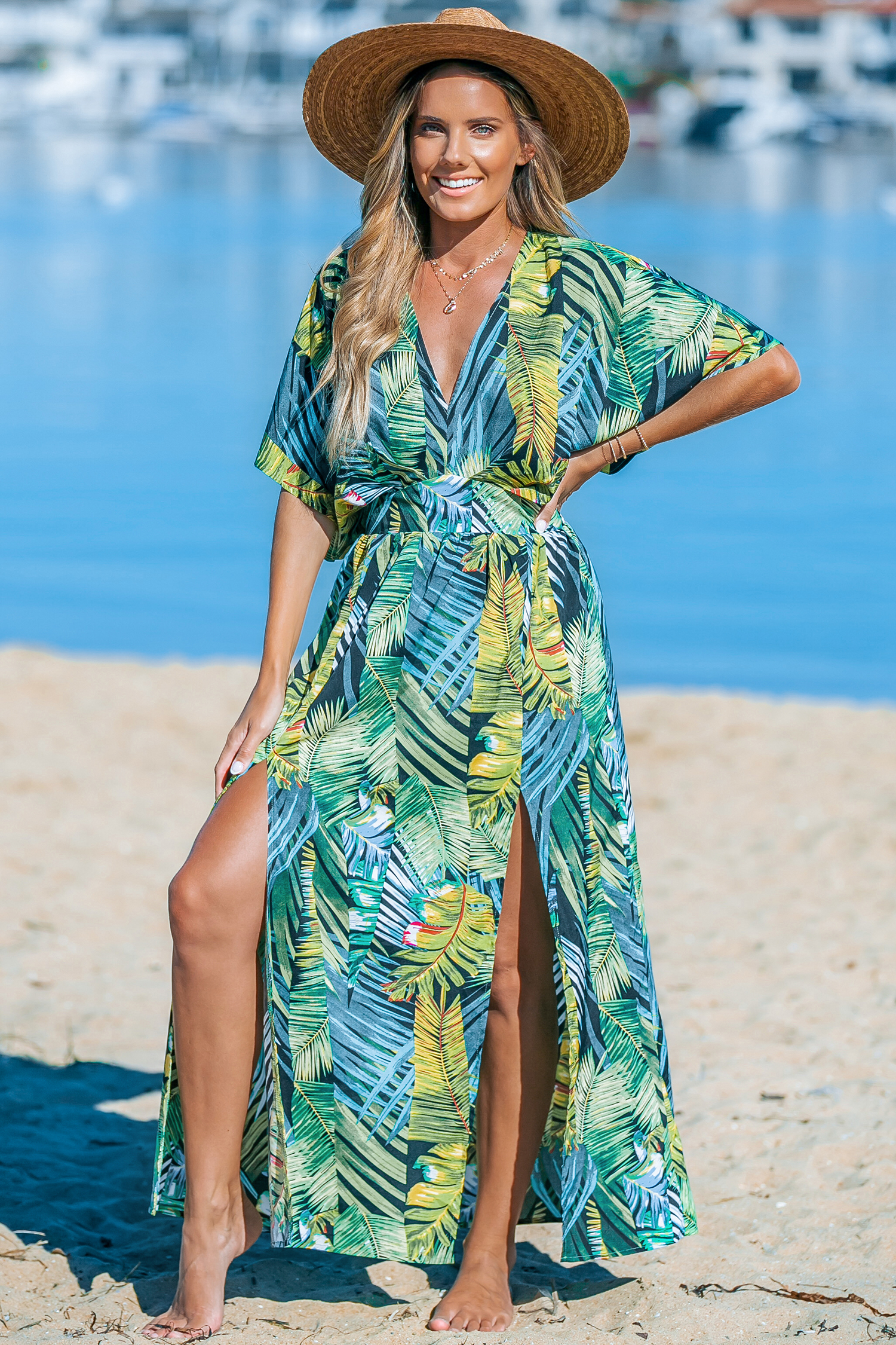 Robe maxi tropicale à double ourlet fendu
