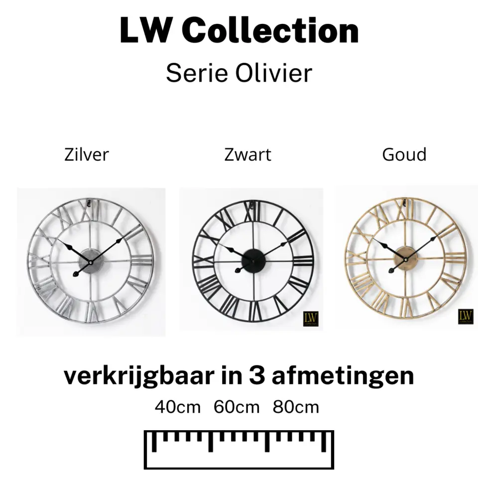 LW Collection Wandklok Olivier zilver 40cm