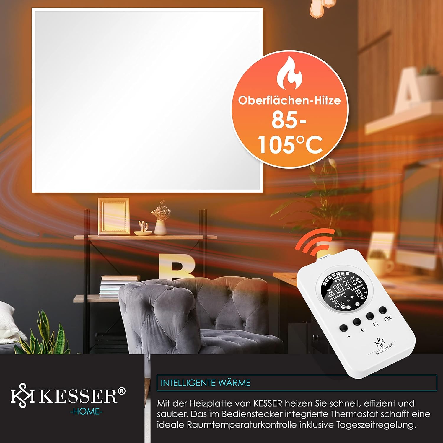 KESSER® Infrarotheizung Mit Thermostat Infrarotheizkörper Elektroheizung Infrarot Heizung Wandheizung - 28 unterschiedliche Routineprogramme, Heizkörper Heizpaneel 800W Mit Fernbedienung