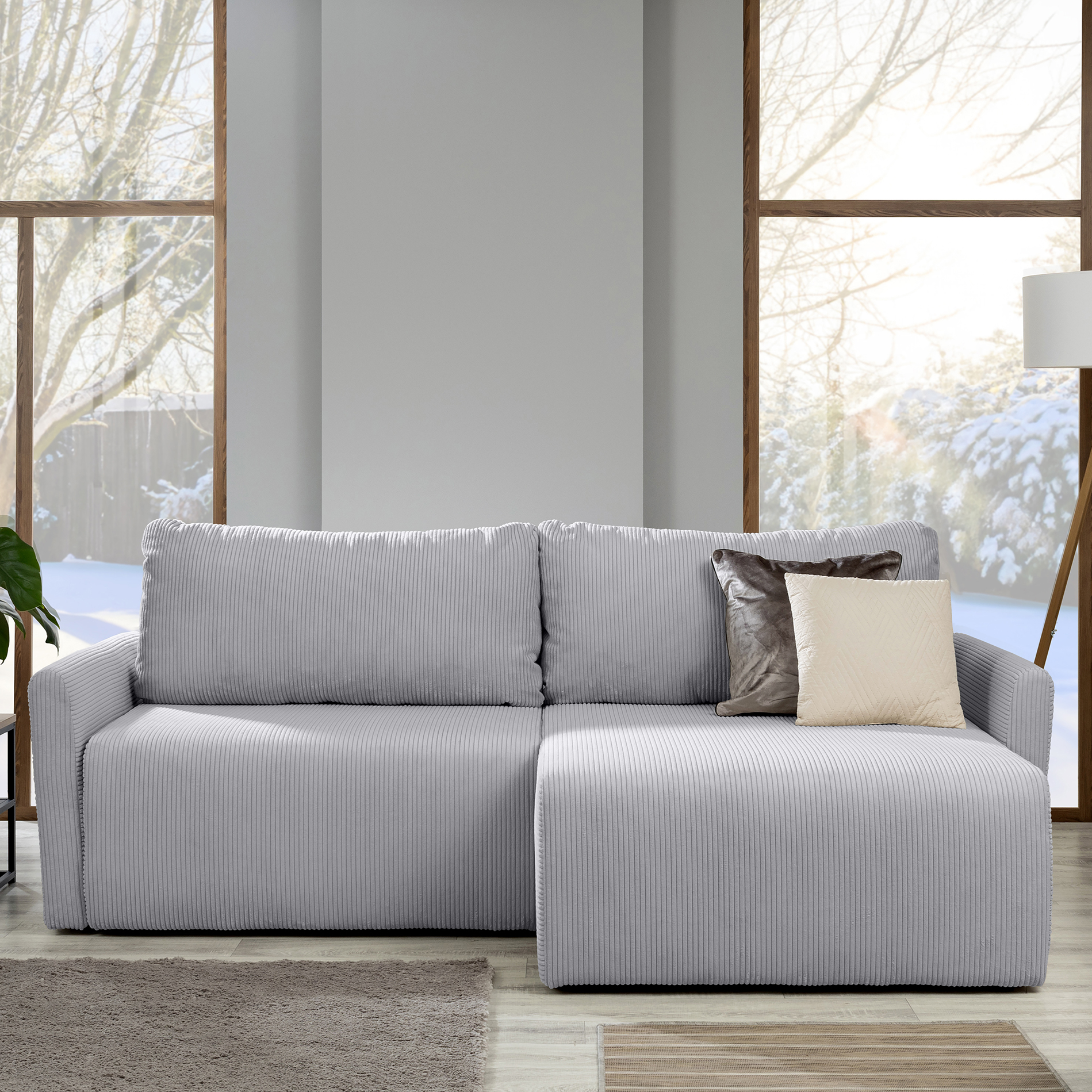 Ecksofa - silber - Liegefunktion und Bettkasten
