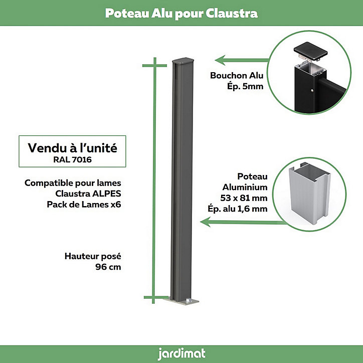 Poteau clôture Jardimat Alpes gris h. 96 cm