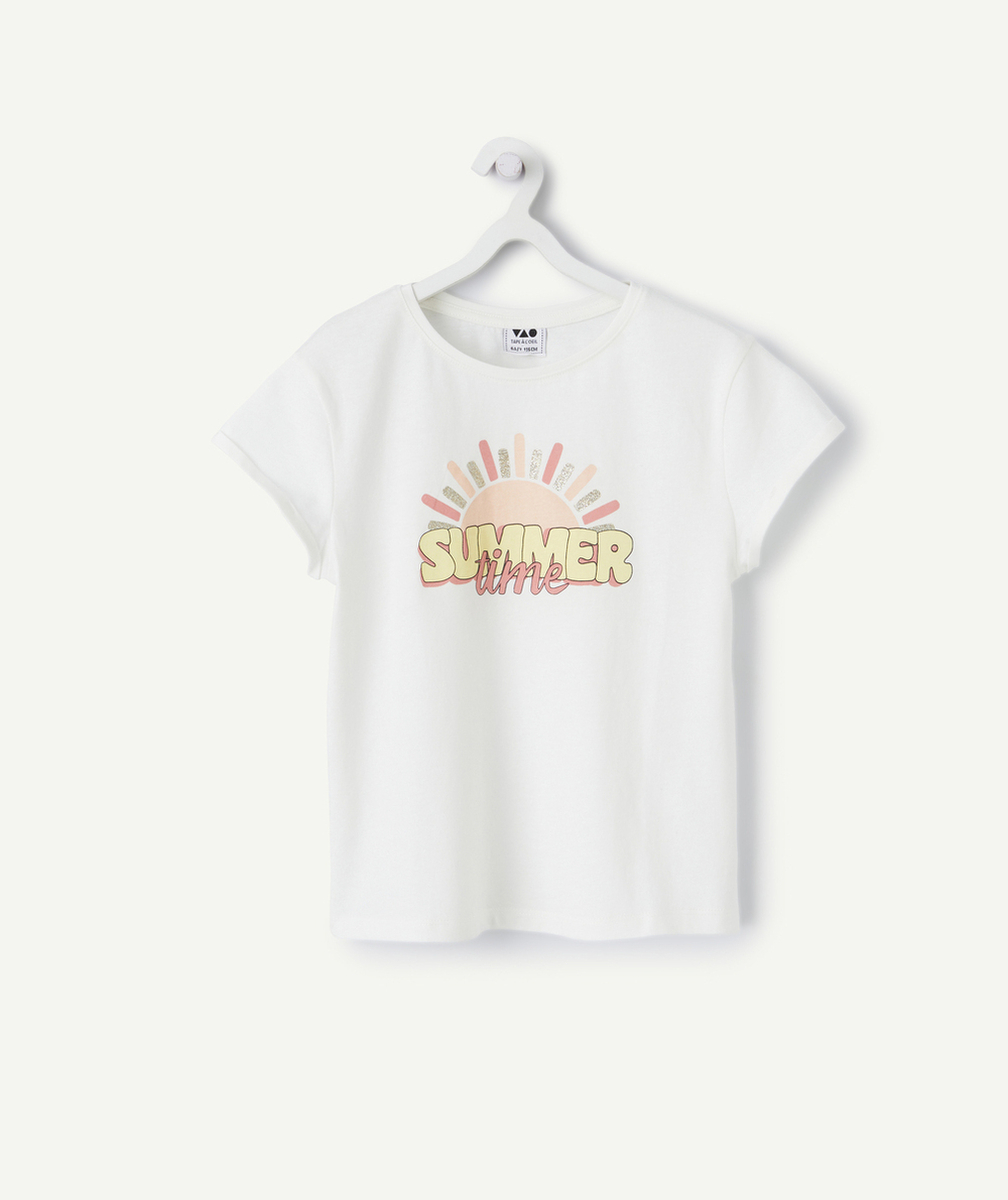 T-SHIRT FILLE EN COTON BIO BLANC AVEC MESSAGE SUMMER TIME ET SOLEIL