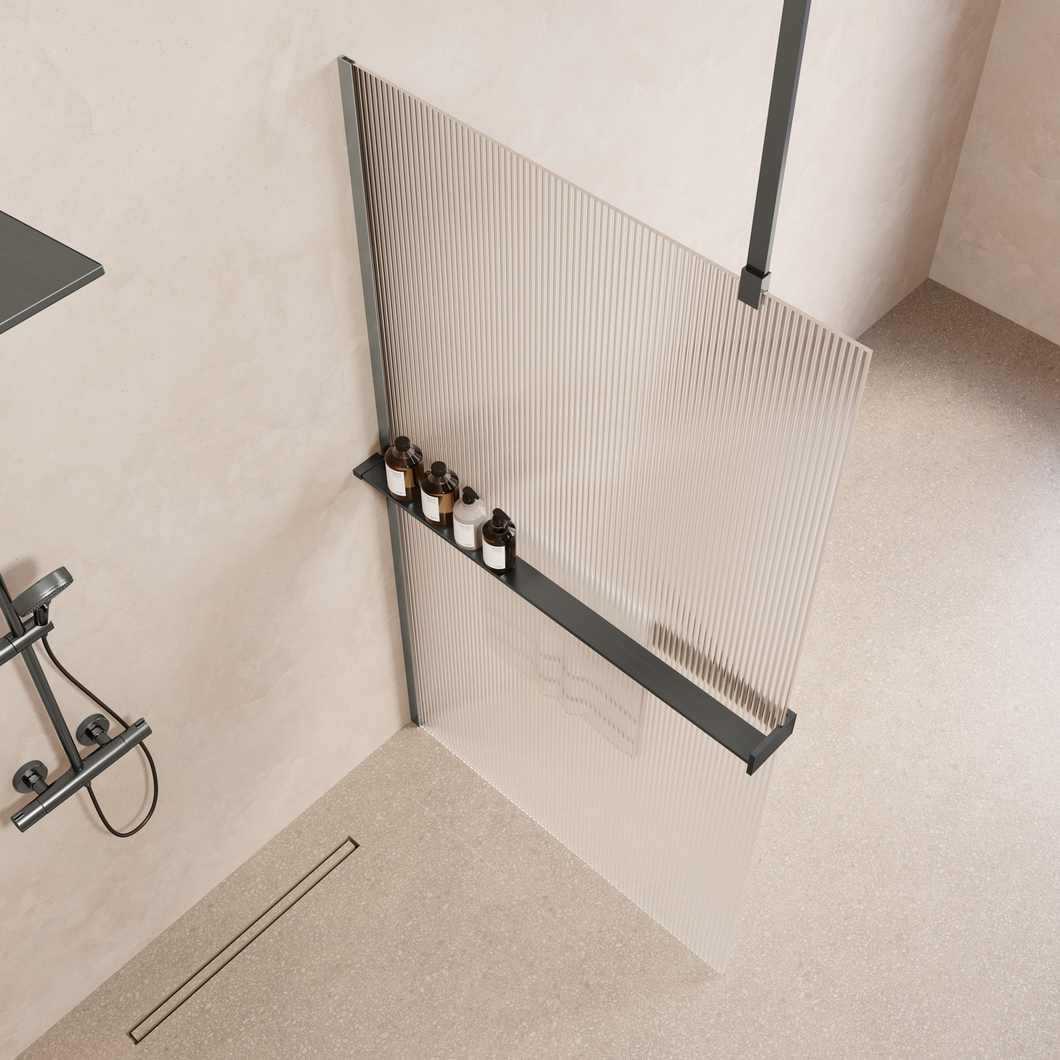 Saniclear Bright inloopdouche 120cm met handdoekhouder en ribbelglas verouderd ijzer - gunmetal