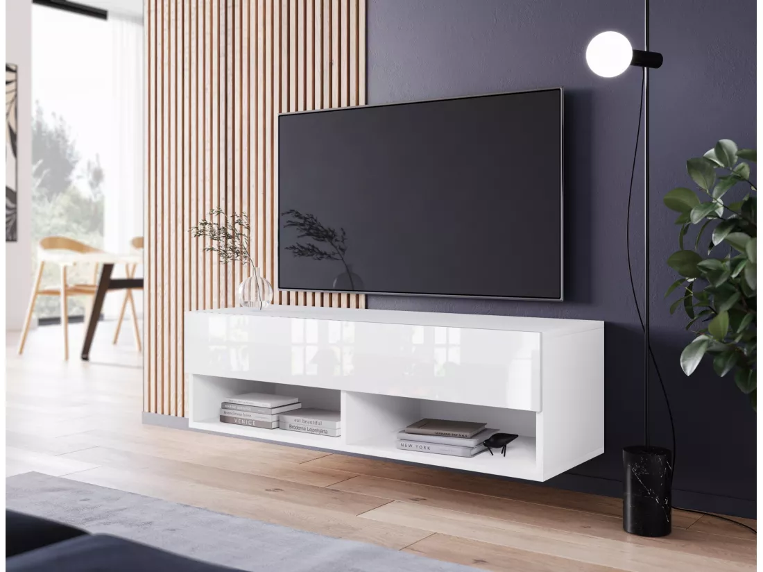 Meuble TV - 100 cm - blanc mat/blanc brillant - avec LED - WANDER