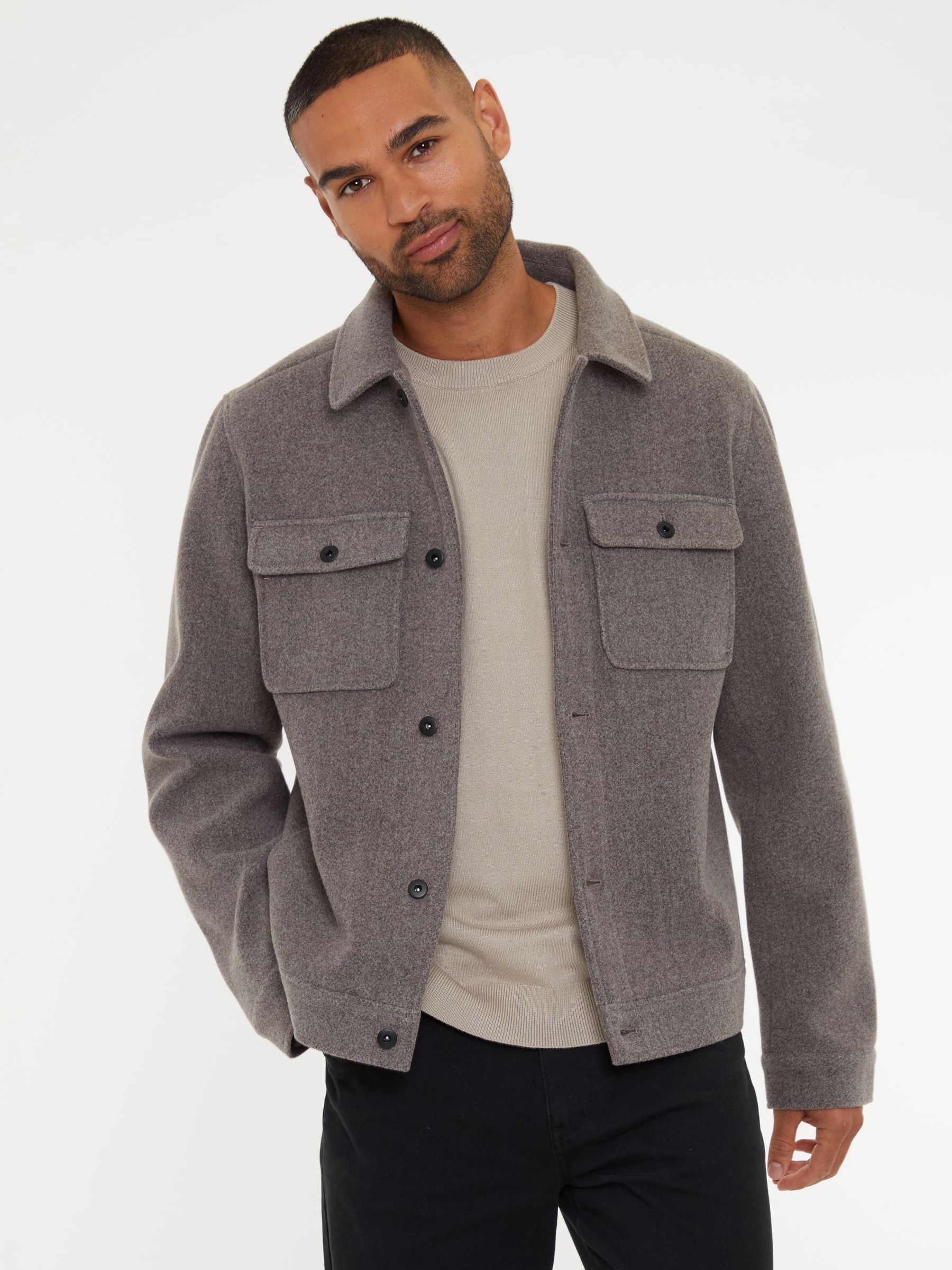 Neutraal - Threadbare Geborsteld overshirt met knoopsluiting