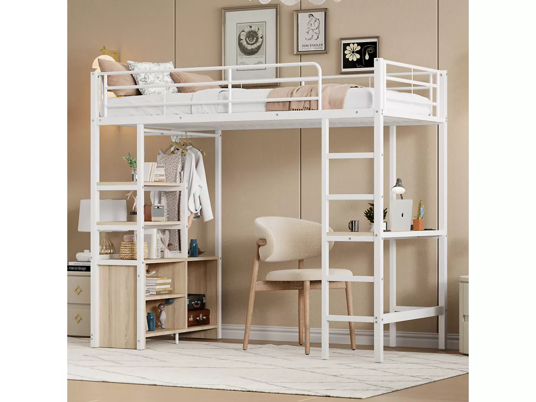 Lit mezzanine 90 x 200 cm avec bureau, prises USB, placard de rangement ouvert - Métal + MDF - Blanc (sans matelas)