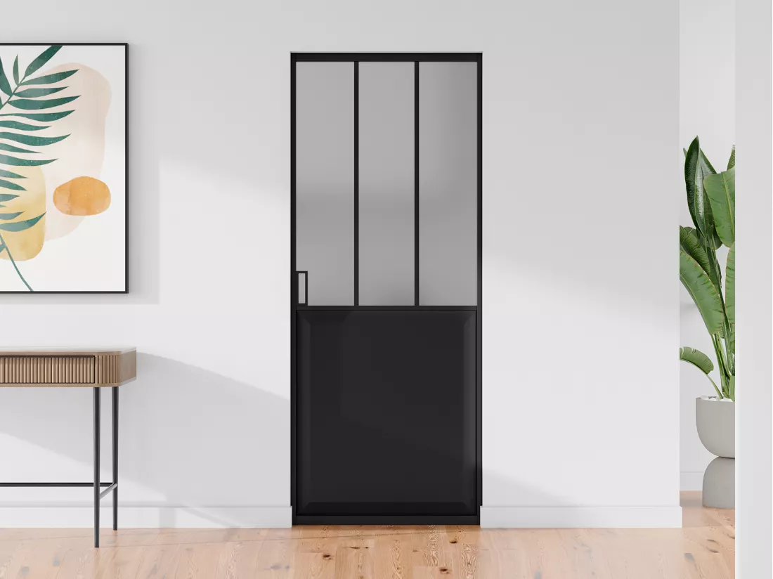Porte coulissante atelier avec système à galandage - Noir et verre trempé dépoli - H205 x L63 cm - ARTISTO II