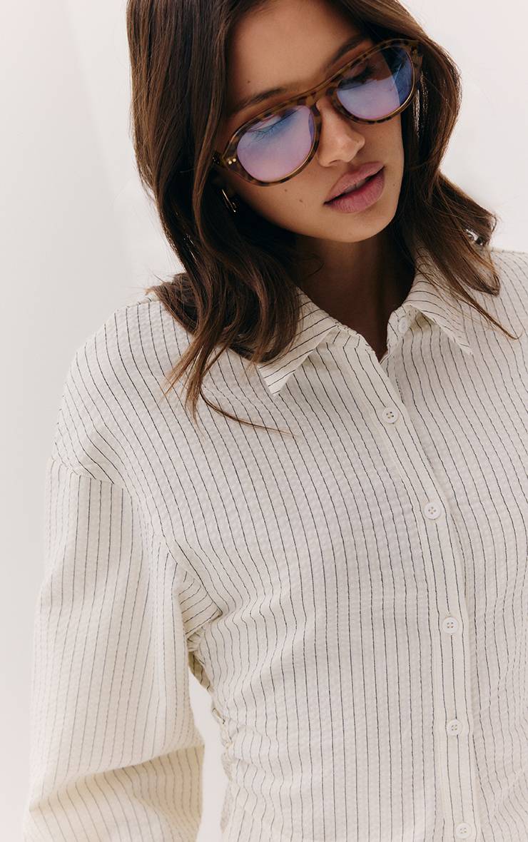 Crème Robe Chemise Cintrée À La Taille En Seersucker À Fines Rayures