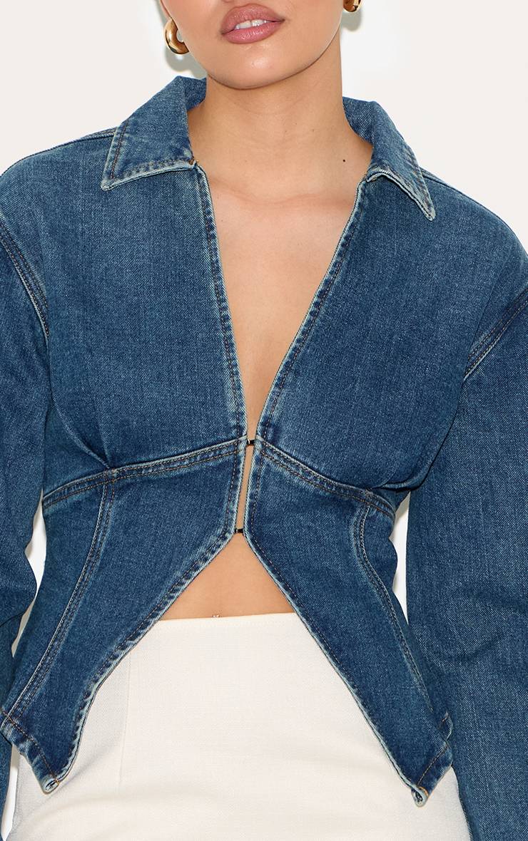 Mid Blue Wash Chemise En Denim À Manches Ballon Avec Taille Cintrée Et Ourlet Fendu