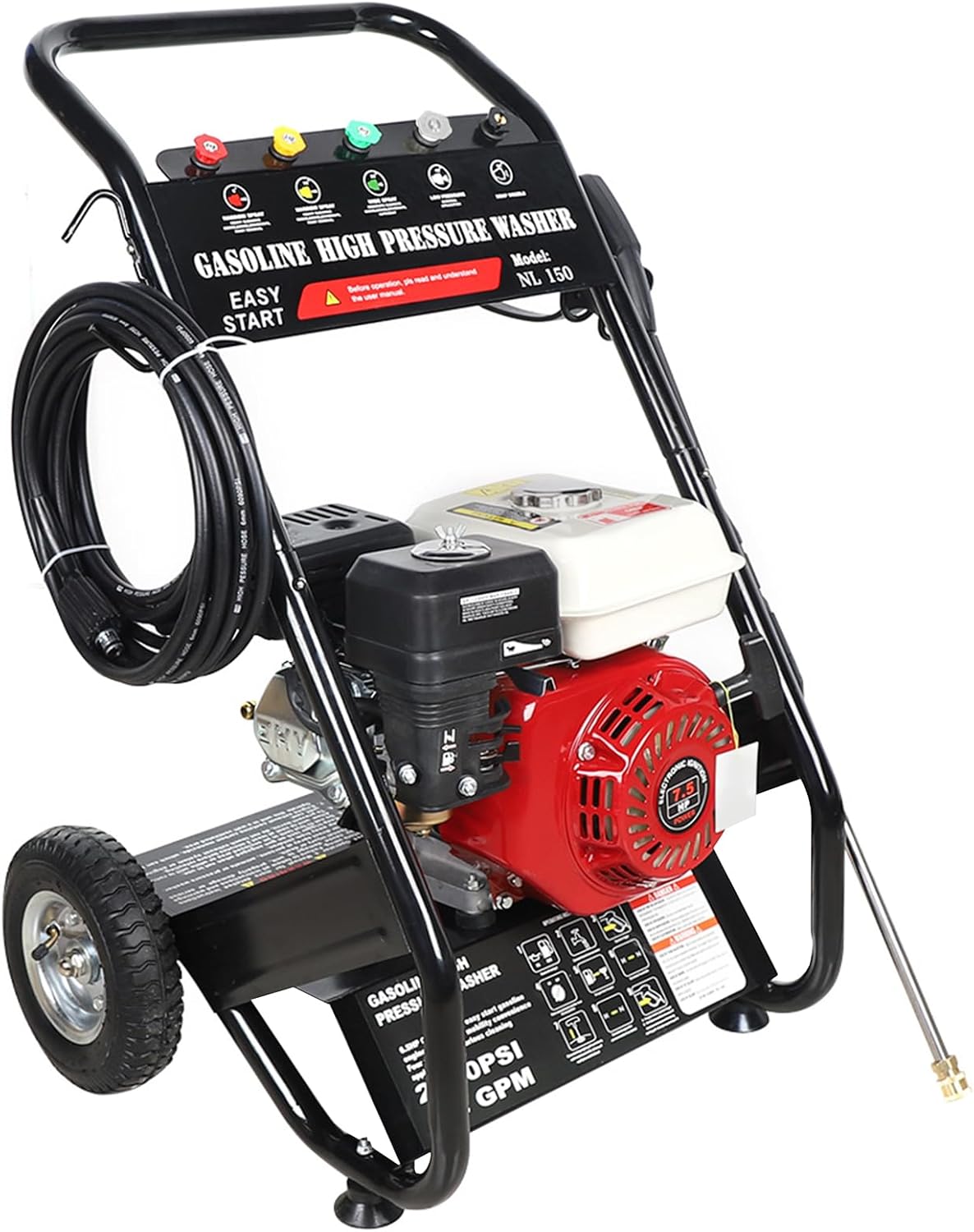 Power Equipment Benzin Hochdruckreiniger, Terrassenreinger, Hochdruckpistole, 7.5 PS Viertaktmotor, 5 Düsenaufsätze, 8m Schlauch, 2m Wasserzulaufschlauch, Vollgummiräder,170-190Bar, 2200PSI