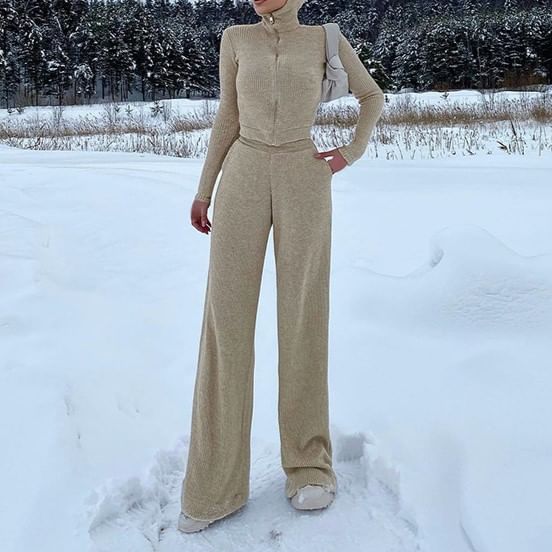 HERMITAKH - Set: effen vest met capuchon en rits + high waist broek met wijde pijpen