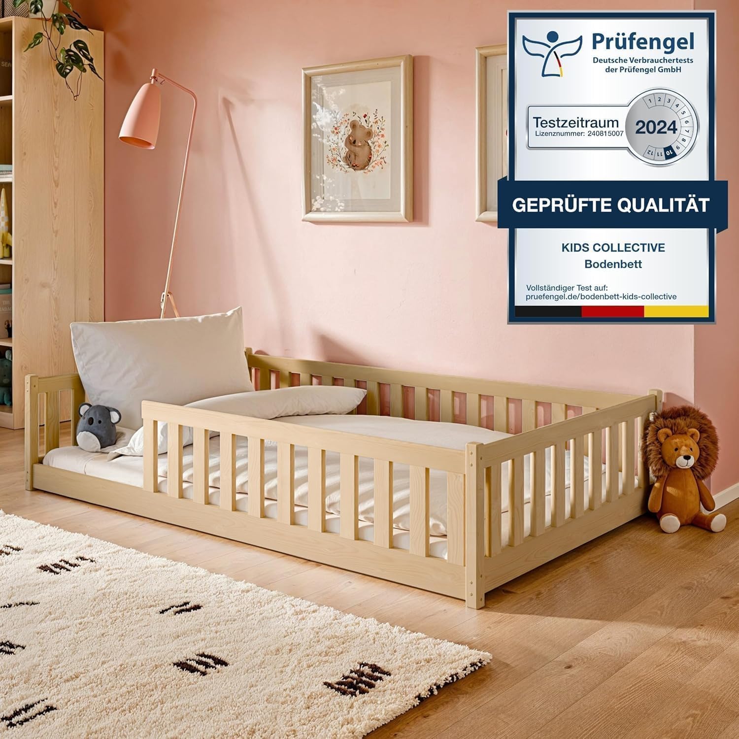 Kids Collective Kinderbett Bodenbett 120x200 cm Bett mit Matratze, Rausfallschutz & Lattenrost Montessori Bett Bed Gitterbett Kinder Jugendbett Einzelbett | Natur Kiefer Holz massiv Junge Mädchen