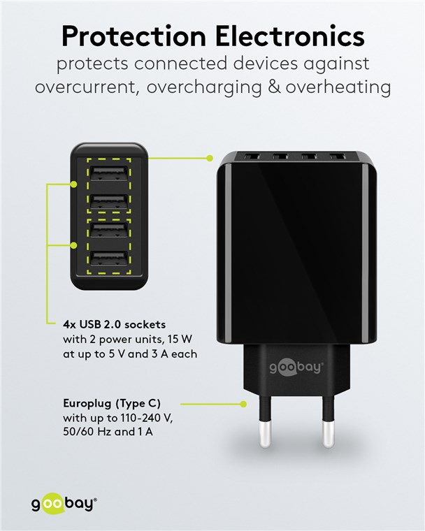(30W/3A) 4-fach USB 2.0 Ladegerät (44953) - Schwarz
