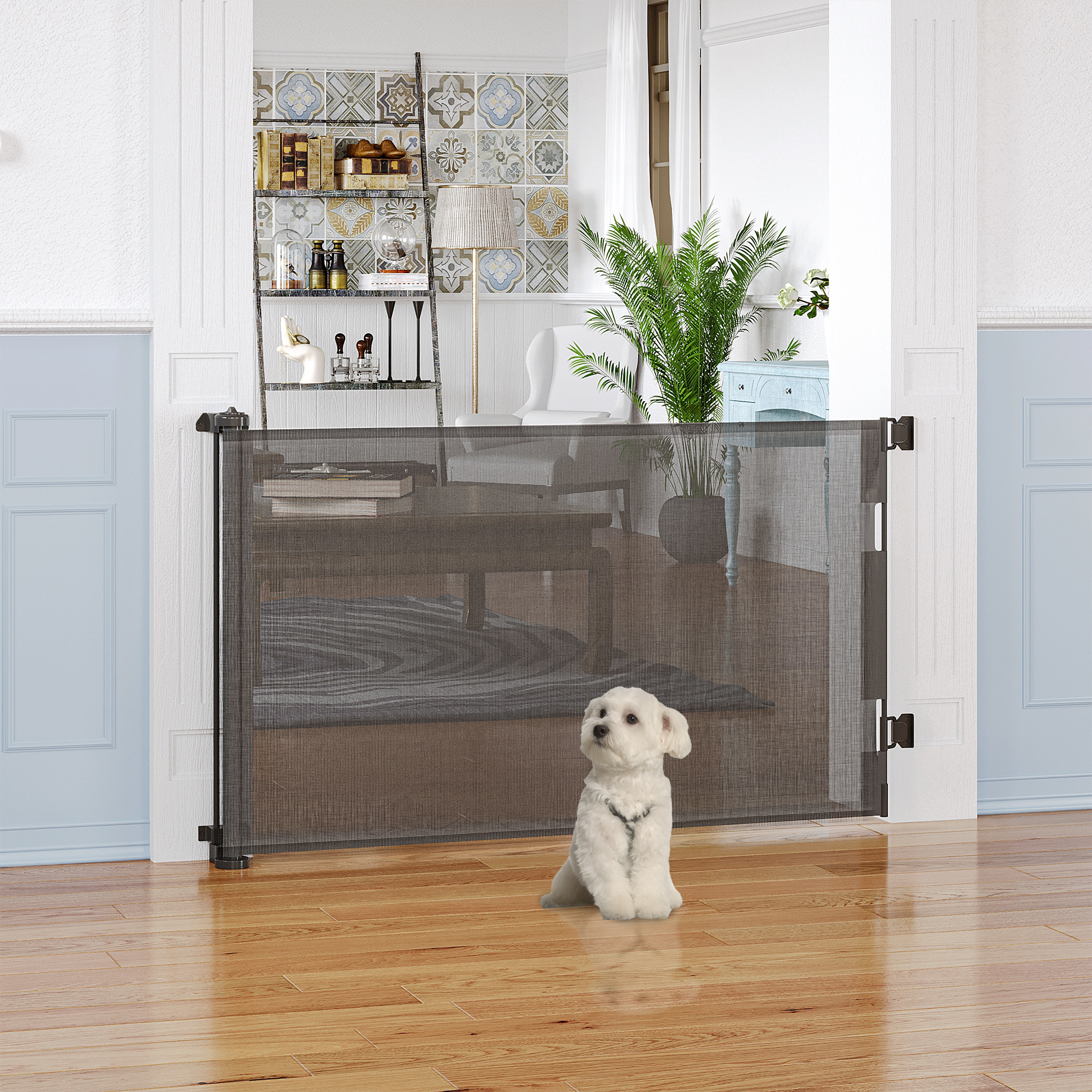 Portão retrátil extensível PawHut de 0 a 150 cm para cães e gatos, barreira para escadas e corredores, liga de alumínio, 165 x 10,7 x 85 cm, cinza.