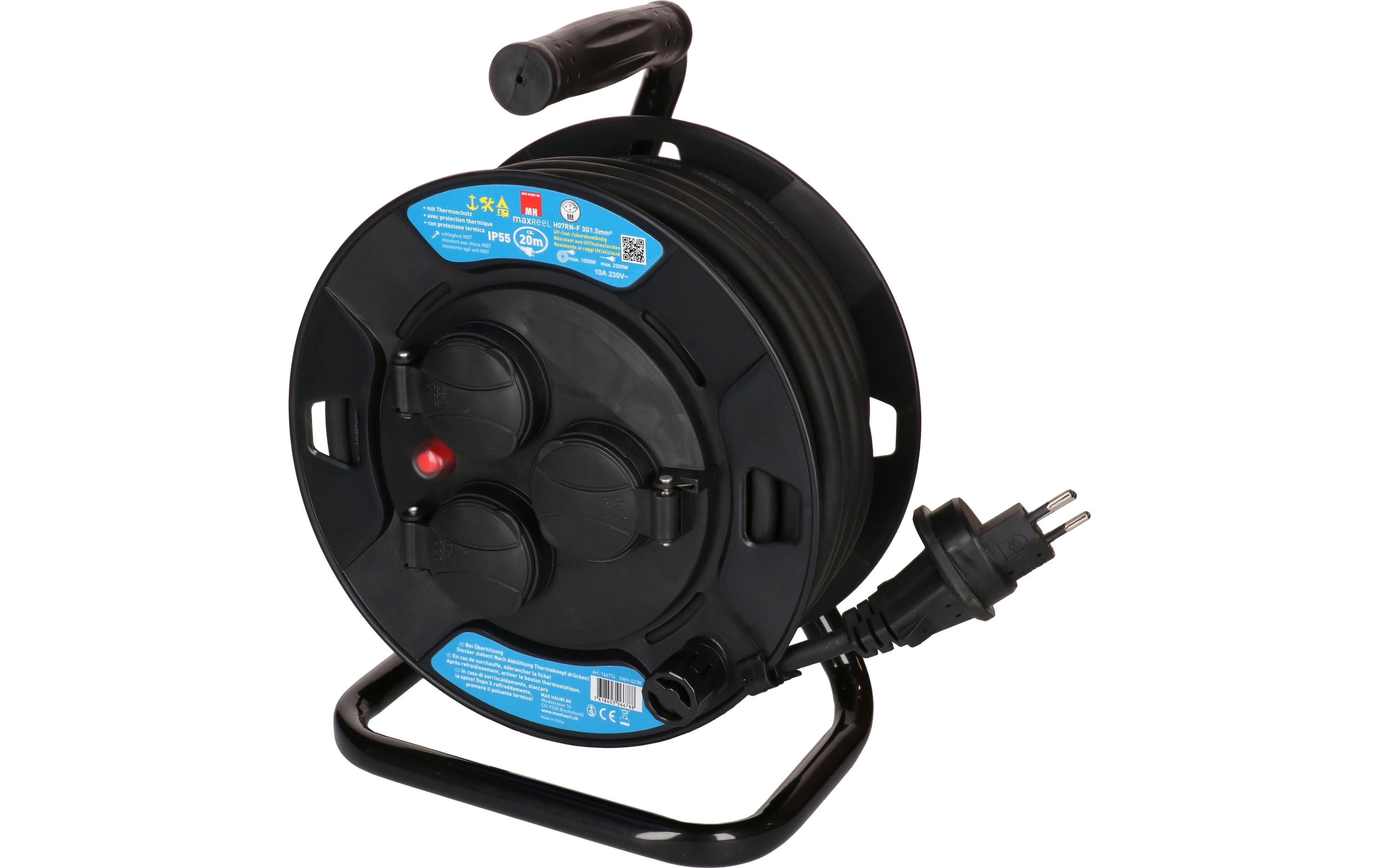Kabelrolle maxREEL 20 m, 3x T13, IP55, Schwarz20 m Kabeltrommel mit Metallrahmen für den Aussenbereich