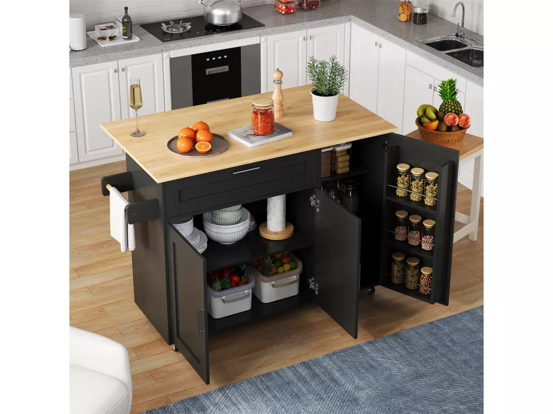 Ilot central de cuisine mobile avec 3 portes et 1 tiroir - Plateau extensible - 132.5x44(70)x90 cm - Bois MDF - Noir et naturel