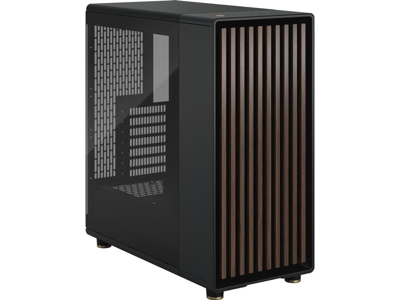 Fractal Design PC-Gehäuse North TG Schwarz Elegantes Gehäuse mit Seitenfenster und offener Front aus echtem Walnussholz