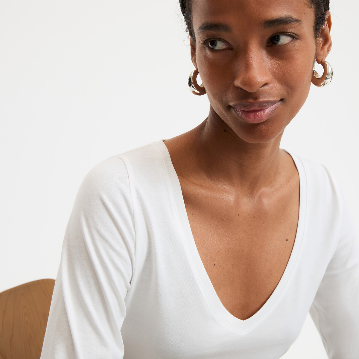 COLEÇÕES LA REDOUTE<br>Camiseta de algodão orgânico, gola V, mangas compridas