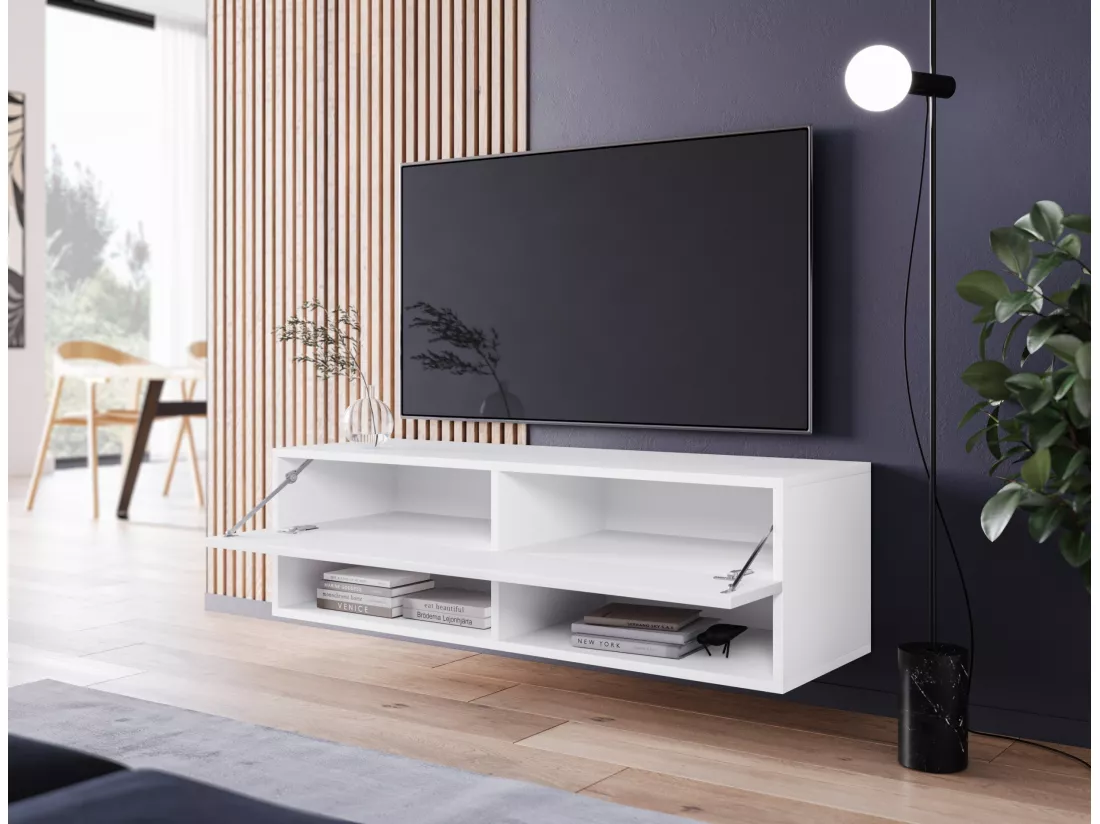 Meuble TV - 100 cm - blanc mat/blanc brillant - avec LED - WANDER