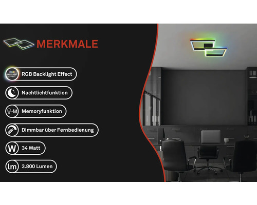 Dimbare LED-plafondlamp, 2 x 17 W, 1900 lm, 2700 K-6500 K CCT RGB, 64 x 64 cm, zwart, met nachtlampfunctie, geheugenfunctie en afstandsbediening.
