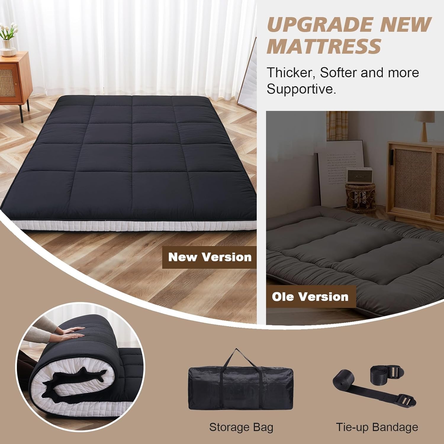 Futonmatratze 200 x 137 cm – Extra Dicke, Faltbare japanische Bodenmatratze – Memory-Schaum-Isomatte für Erwachsene – Tatami-Matte, geeignet für Camping und Gäste – Schwarz (10 cm)