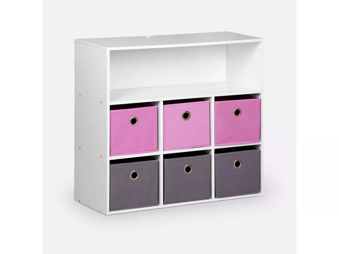 Meuble de rangement pour enfant. blanc - Camille - avec 7 compartiments et 6 paniers gris et roses