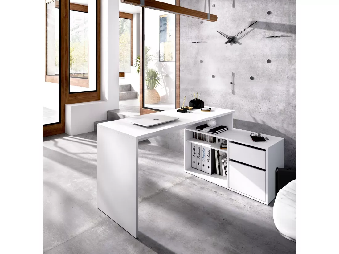 Bureau Gardena, Bureau multi-positions pour le bureau ou la chambre, Table d'étude d'angle polyvalente, 139x92h75 cm, Blanc