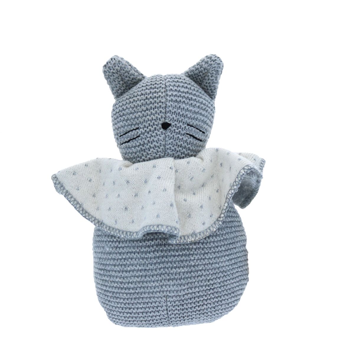 Doudou chat bleu collerette ivoire à pois Frisette