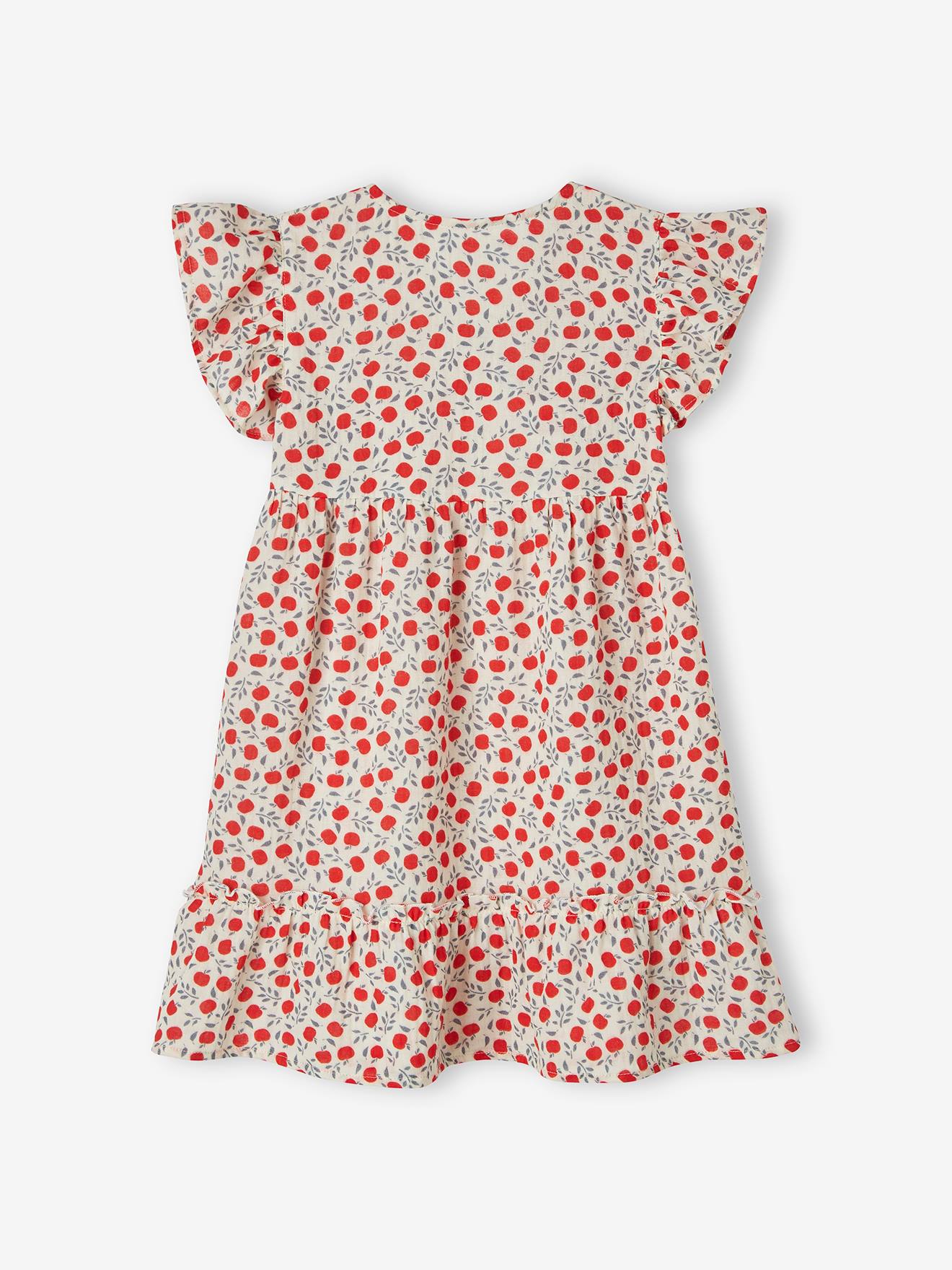 Vestido de chiffon de algodão com estampa de maçãs e efeito transpassado para meninas, cor cru.