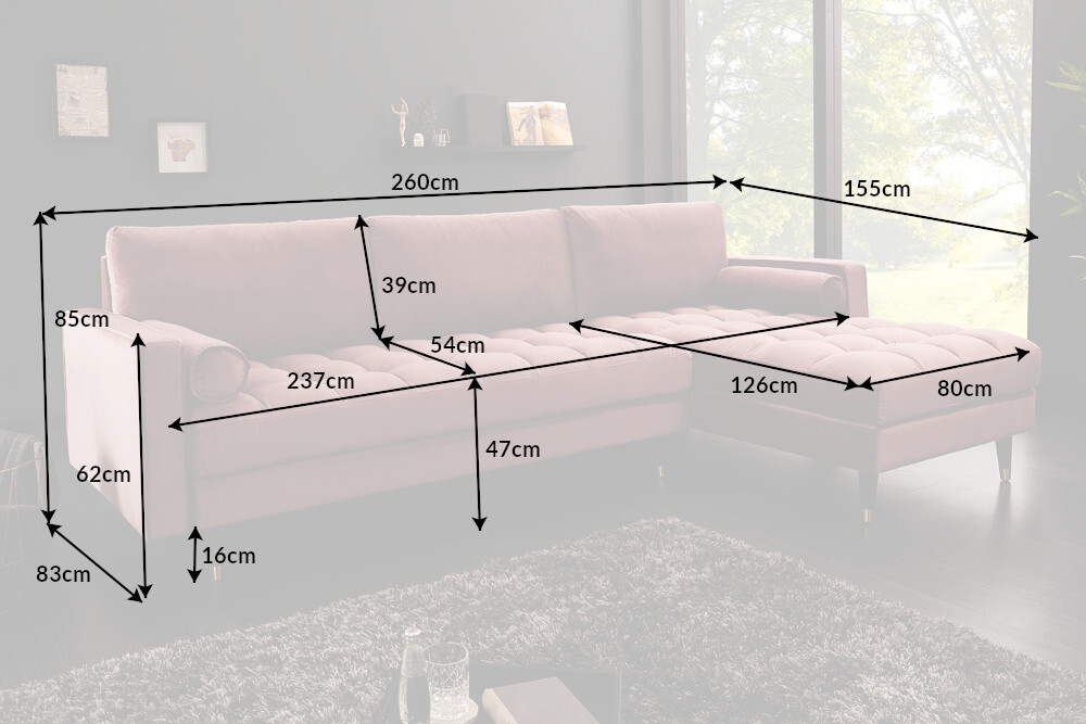 Elegantes Ecksofa COZY VELVET 260cm altrosa Samt Federkern 3-Sitzer