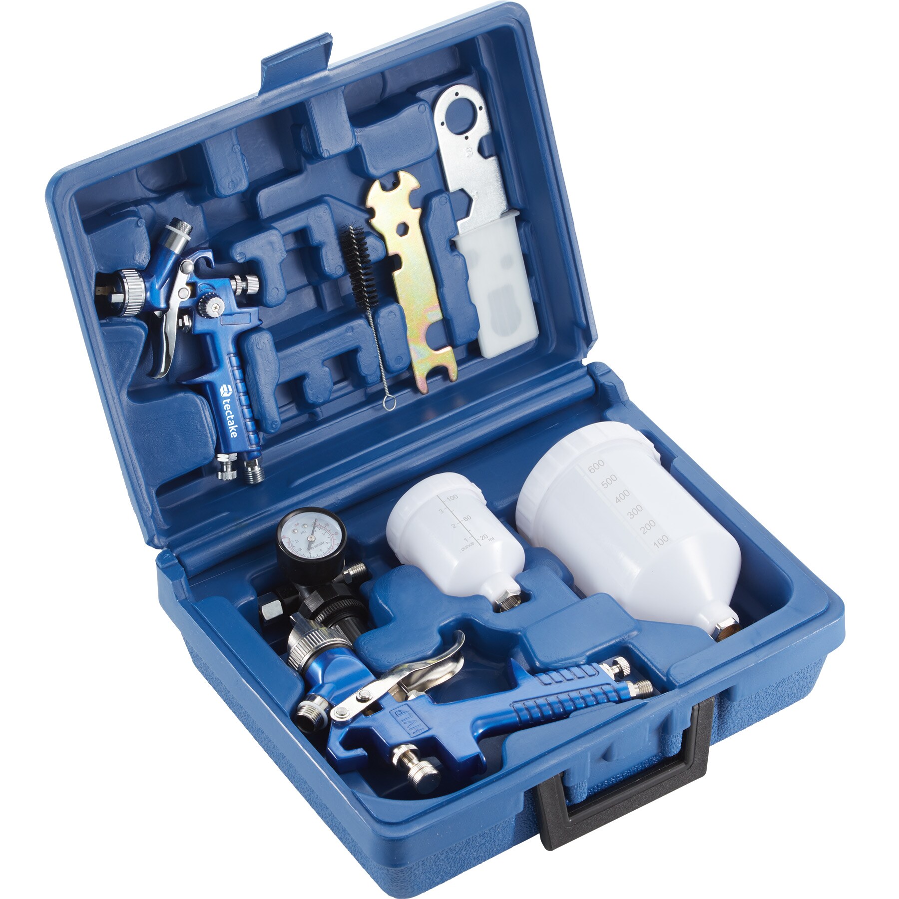 tectake® HVLP-Lackierpistolen-Set, 0,8 / 1,3 mm-Düse, korrosionsbeständig, inklusive Silikonentferner, Mikrofasertücher und Kunststoffkoffer