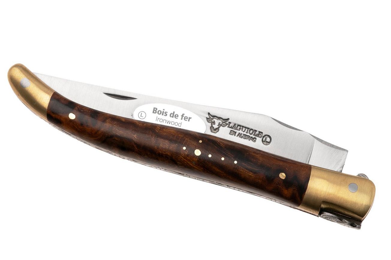 Laguiole en Aubrac Le Bijou L0212LCHB/WCBJ Ironwood Burl, Handcarved Copper Plates, Matt Brass Bolsters, zakmes, 12 cm