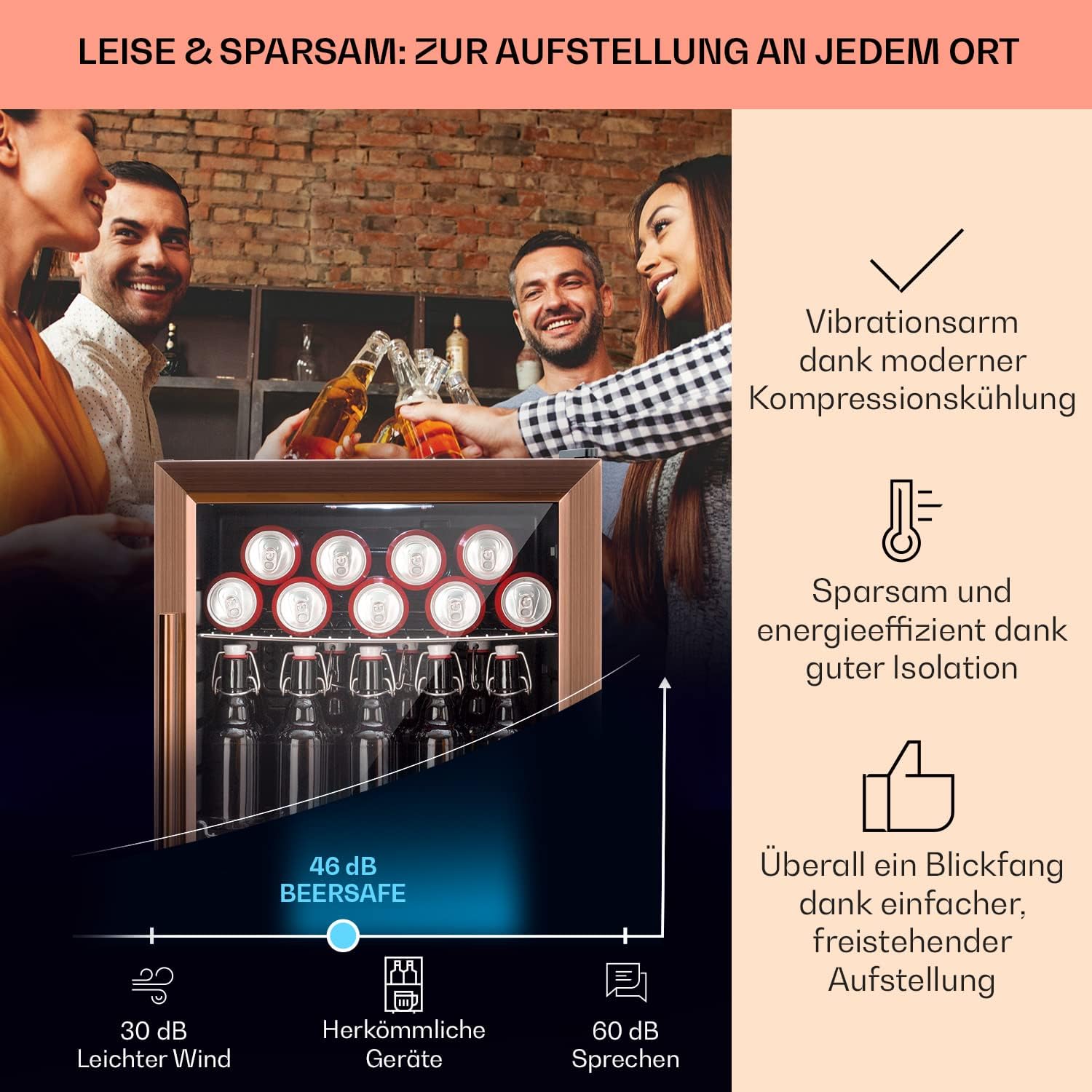 Klarstein Mini Kühlschrank mit Glastür & LED, für Zimmer, Getränkekühlschrank mit 2 Ablagen, Kleiner, 60L, Indoor/Outdoor, Leise & Wetterfest, 3-10°C
