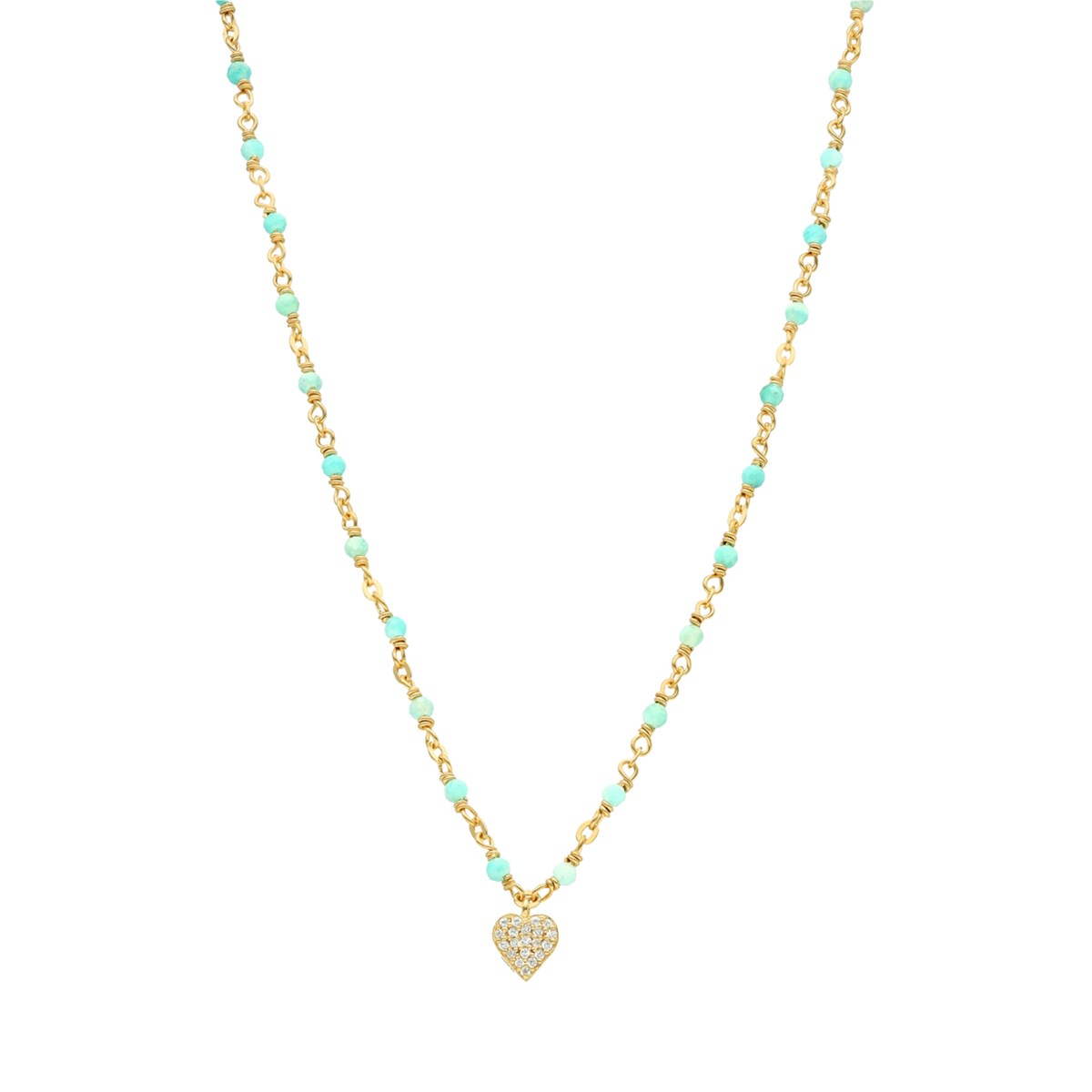 Collier Argent Doré Coeur Serti Blanc Pierres Amazonite