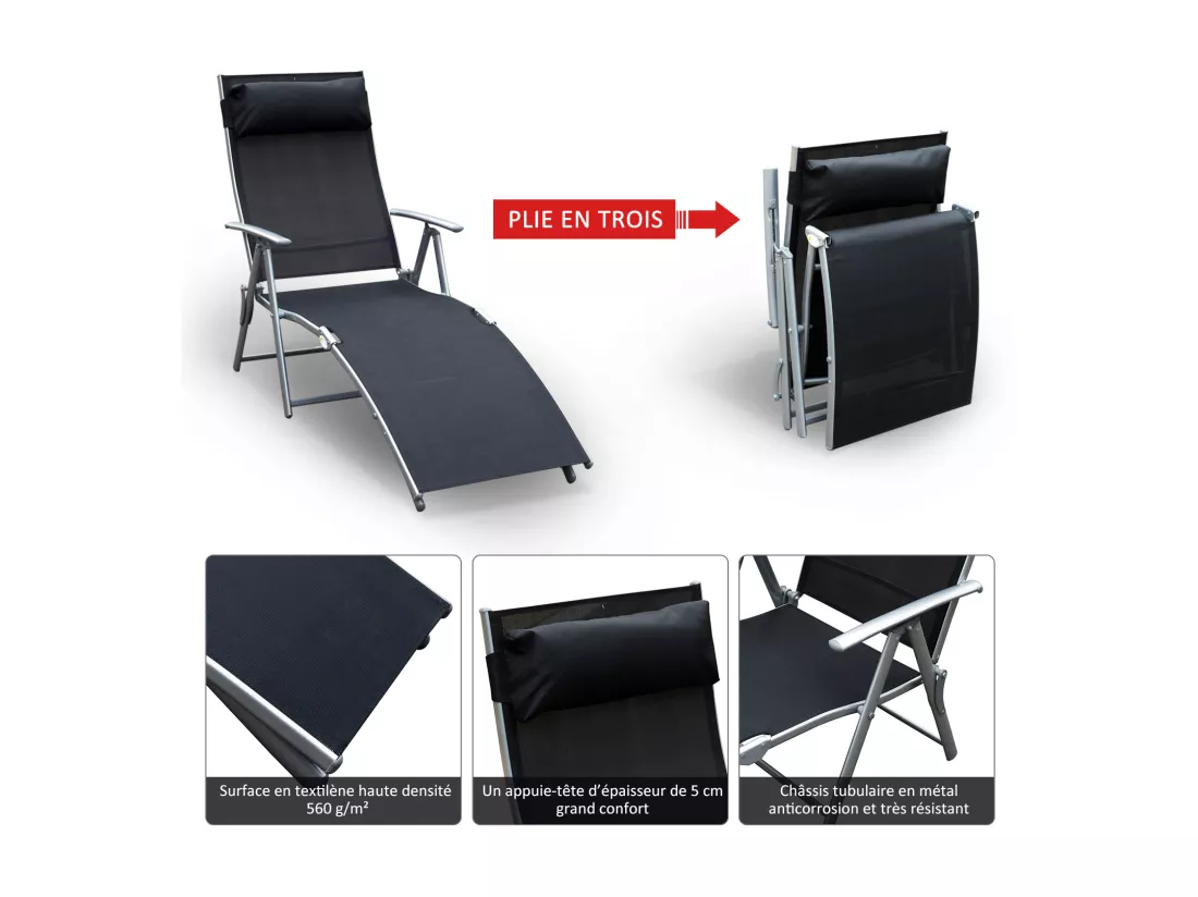 Outsunny transat chaise longue bain de soleil pliable dossier inclinable multi-positions têtière fournie 137L x 64l x 101H cm métal époxy textilène noir