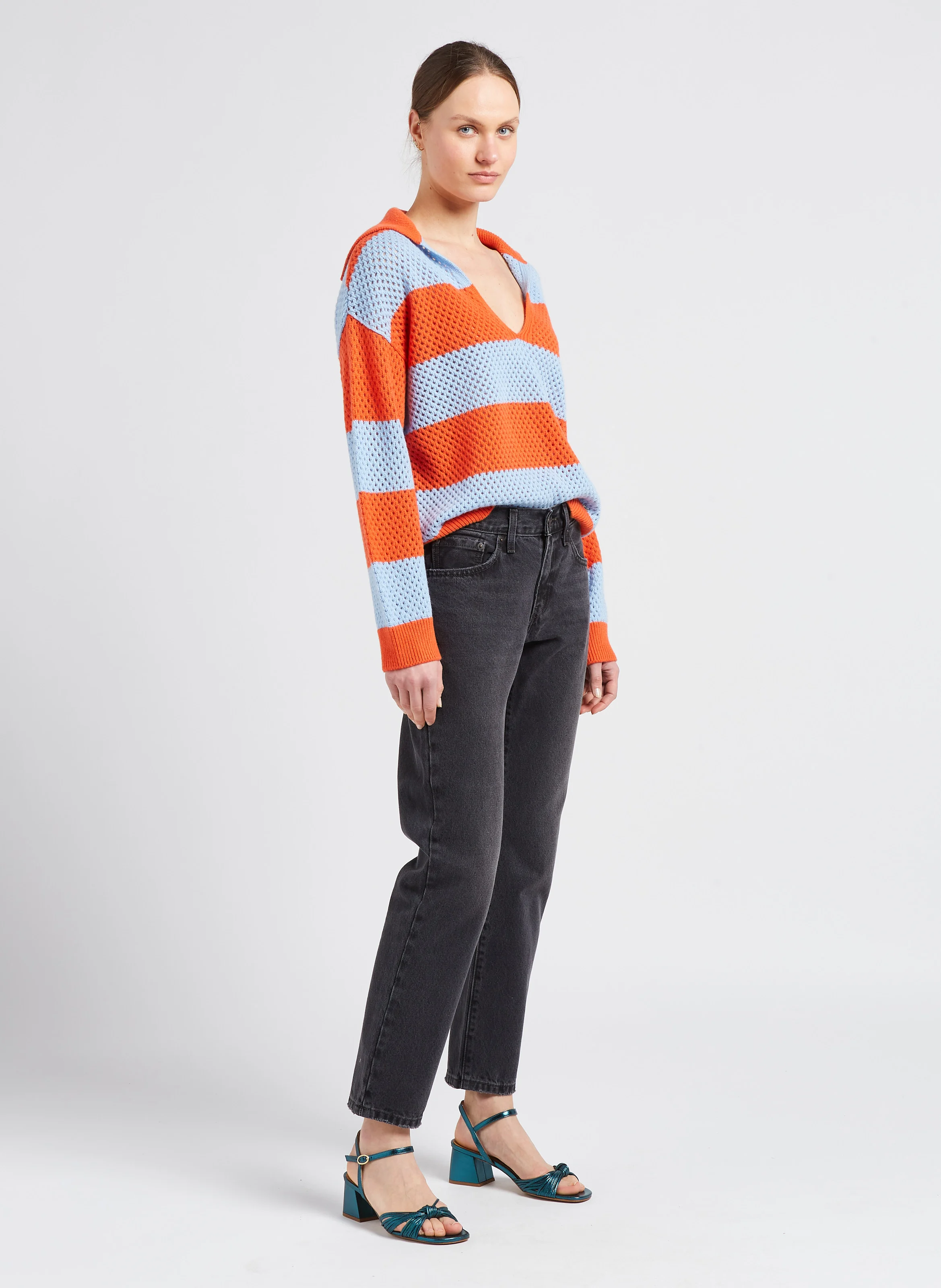 Pull col V rayé en cachemire mélangé| Orange