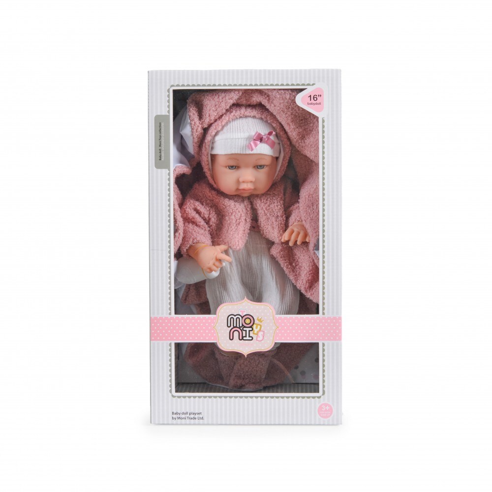 Moni Kinderpuppe 41 cm 9300, Jäckchen, Trinkflasche, Kuscheldecke, ab 3 Jahren rosa