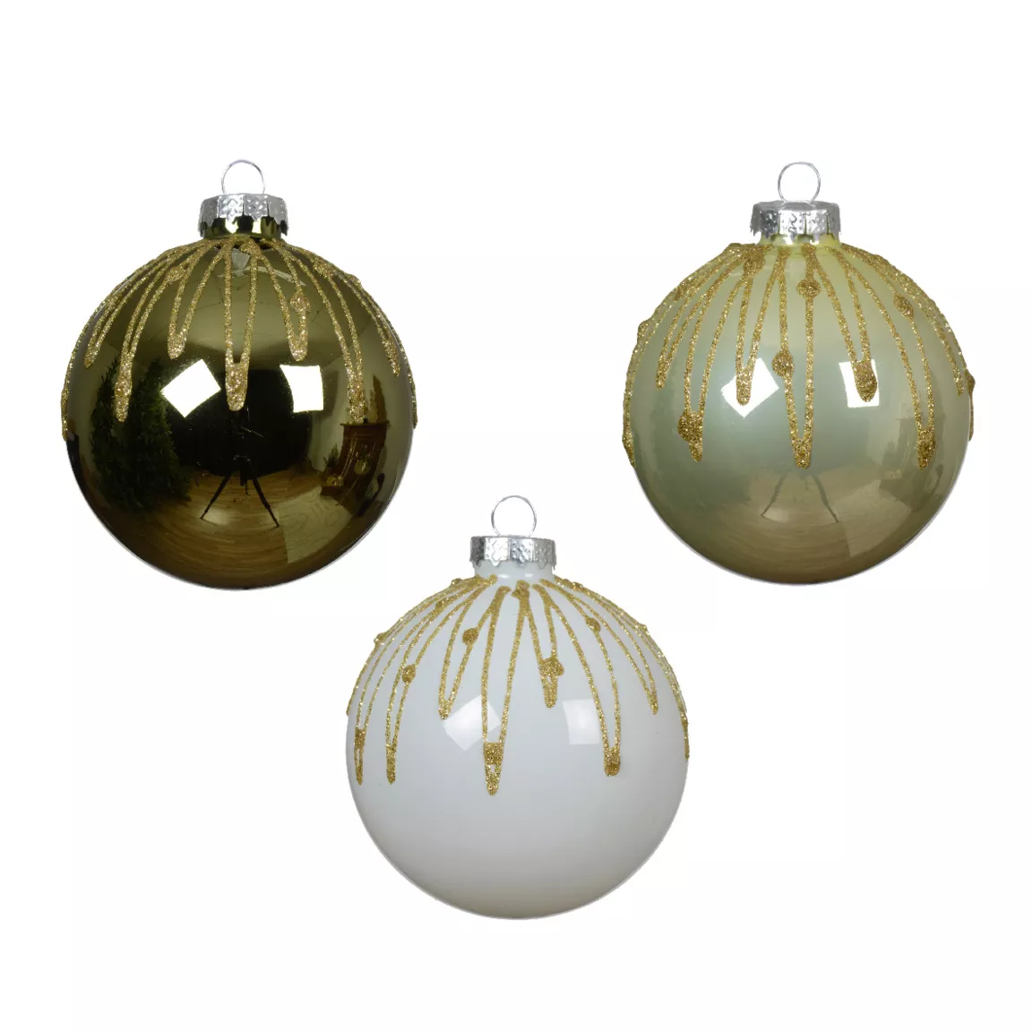Lot de 12 boules de Noël en verre (D80 mm) Blanc d'hiver, Romarin et Menthe