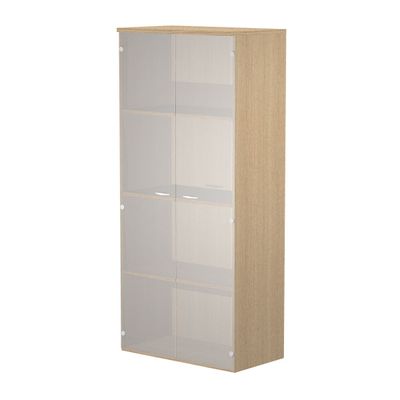 Bibliothèque haute Trend - L80xP35xH180 cm - 2 portes en verre dépoli - imitation chêne
